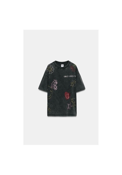 Smıley Crystal Washed Taş İşlemeli Antrasit T-shirt Antrasit Gri Antrasit Gri