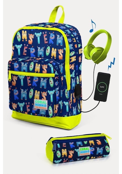 Coral High Kids Lacivert Neon Sarı Monster Desenli Usb'li 2'li Okul Çanta Seti - Erkek Çocuk
