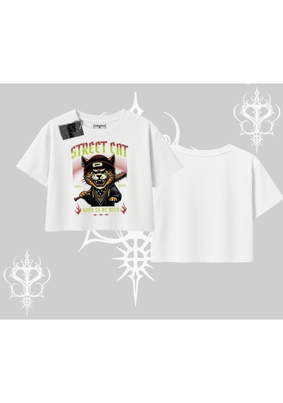 Tarzsokak Street Cat Kedi Baskılı Oversize Crop Tshirt Beyaz