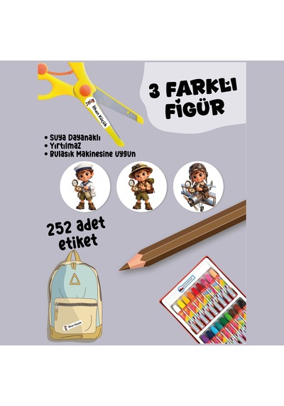 Okul Etiketi Kalem Defter Etiketi Minik Gezgin Özel İsim Yazılabilen Etiket - 252adet