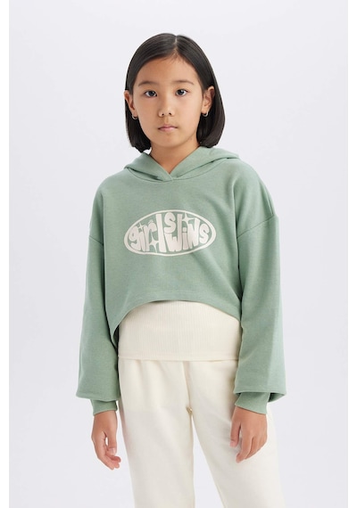 DeFacto Kız Çocuk 2'li Takım Crop Kapüşonlu Baskılı Sweatshirt Atlet D8819A825SPGN1125 Yeşil
