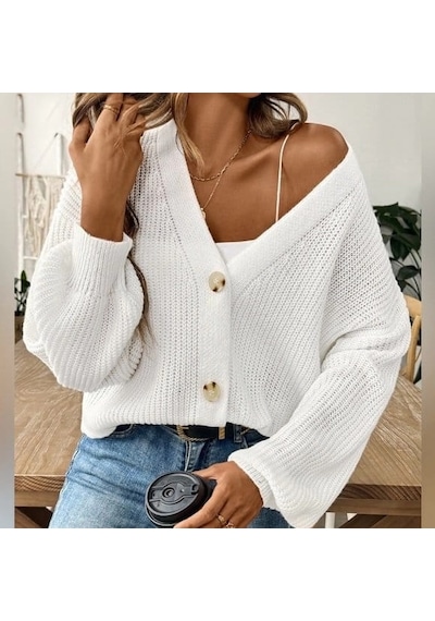 Defymoda Düğme Detay Triko Bluz Beyaz