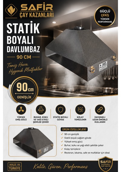 Safir Gri Statik Boyalı Davlumbaz 90 Cm Ebatlı Safir Davlumbaz 3 Gözlü Çay Kazanı İçin Davlumbaz