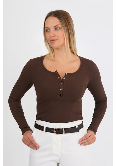 Hdm Kadın Kahverengi Uzun Kollu Fitilli Patlı Çıtçıtlı Basic Örme Bluz - H6172
