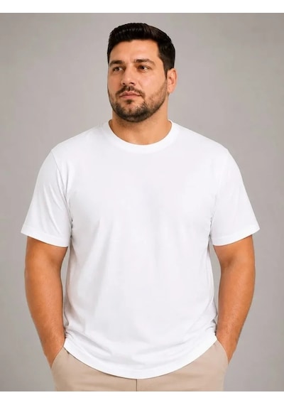 Efnaz Style Erkek Battal Big Size Basic Tişört Bisiklet Yaka Rahat Kalıp T-shirt - Beyaz