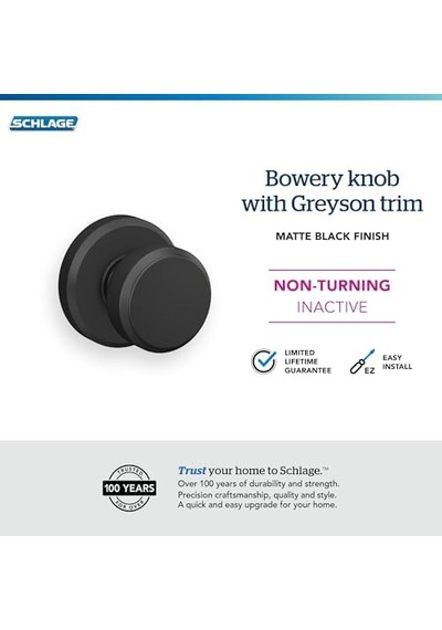 F170 Bwe 622 Gsn Bowery Kapı Tokmağı Greyson Trim, Tek Taraflı Dönmeyen Kukla Kapı Kolu, Mat Siyah
