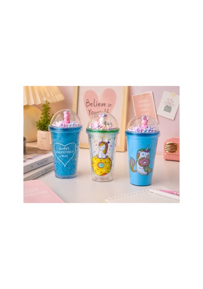 Unicorn Temalı Pipetli Bardak 450 Ml Mavi Renkli Çocuk Matara Şeffaf Kapaklı Bpa İçermez 3 Farklı Model Çok Renkli