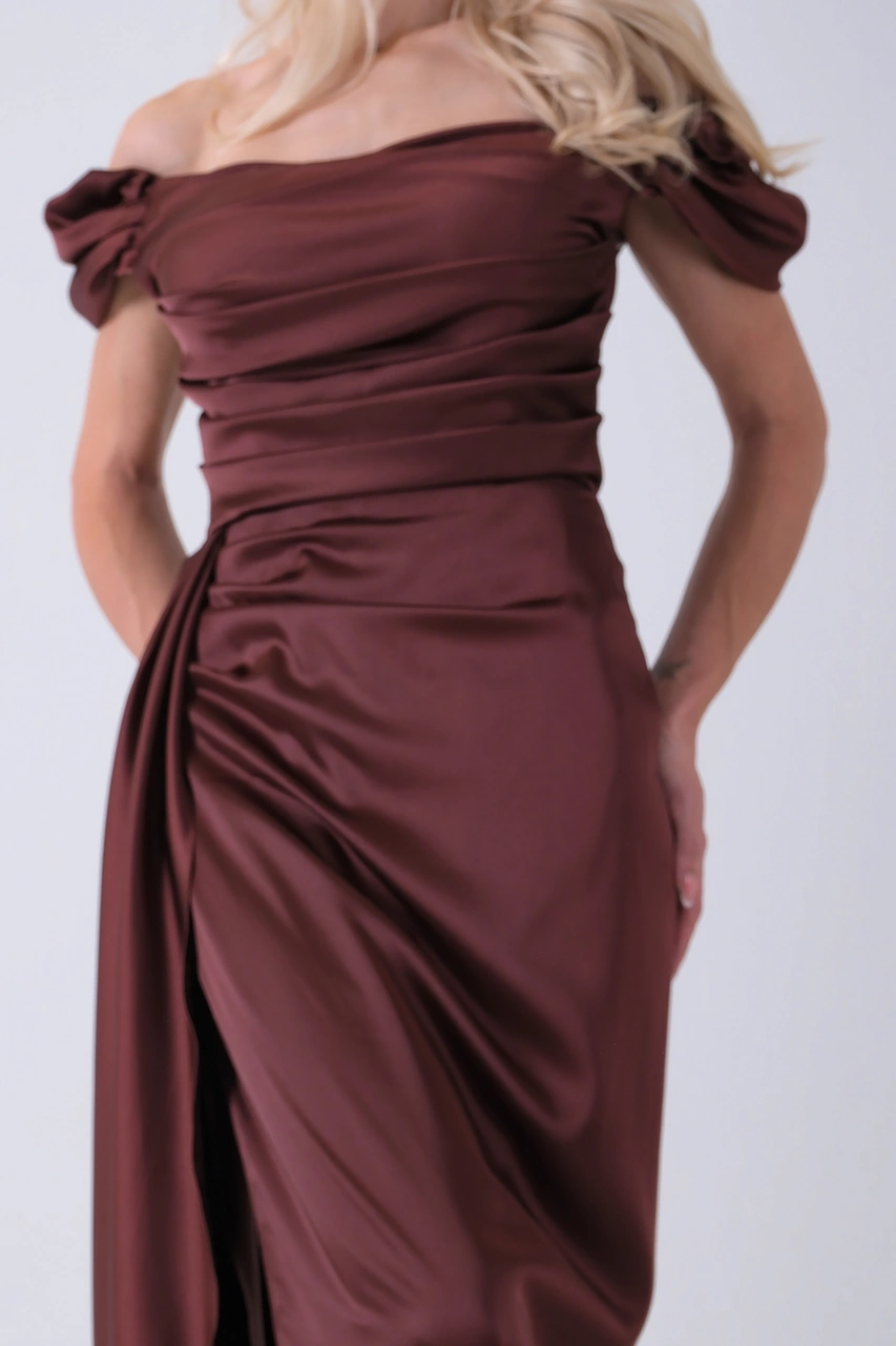 Feminist Kahve Drape Detaylı Saten Kumaş Abiye Elbise 9704858.05 Kahve