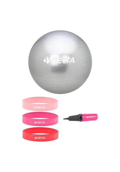 Delta- 65 cm Pilates Topu 3'lü Squat Bandı Egzersiz Direnç Lastiği Pilates Topu Pompası 5'li Set
