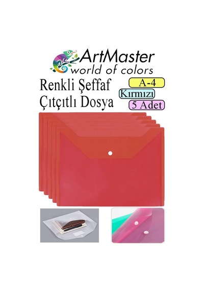Kırmızı A4 Çıtçıtlı Dosya Şeffaf Renkli Zarf Dosya 5 Adet Çıt Çıtlı Dosya Su Geçirmez 100 Yaprak Kapasite Diğer