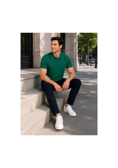 Luxıc Core Erkek Polo Yaka Yeşil Tişört Likralı Pike Kumaş Terletmez Slim Fit Günlük Şık Tasarım