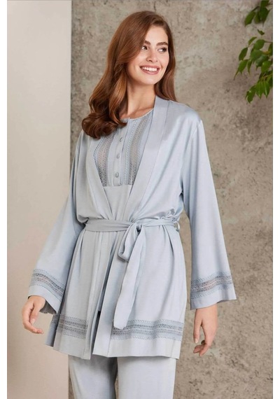 Pierre Cardin 2800 Kadın Penye Dantelli Sabahlıklı Pijama Takım-mist Mist