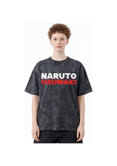 Naruto Uzumaki Jinchuriki Anime Baskılı Unisex Oversize Eskitme Y Siyah