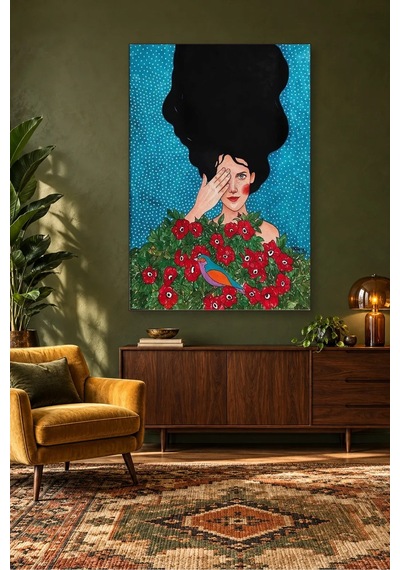 Fida Gözünü Eliyle Kapatan Kız Ve Kırmızı Güller Canvas Tablo Çok Renkli