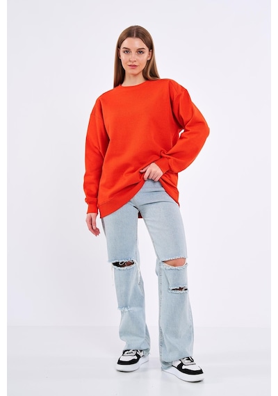 Mmetalic Turuncu Kadın Pamuklu Oversize Basic Bisiklet Yaka Sweatshirt 001