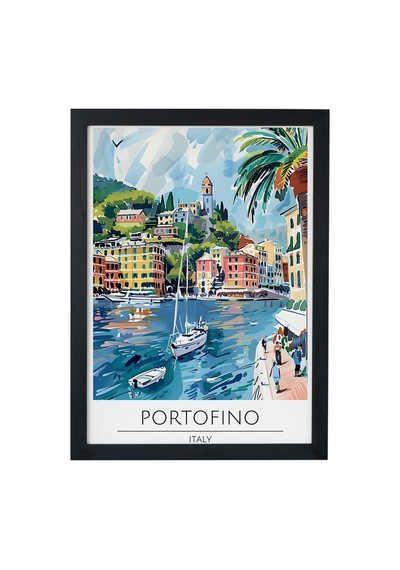 Portofino Italy Travel Poster Ahşap Çerçeveli Dekoratif Duvar Tablosu Siyah