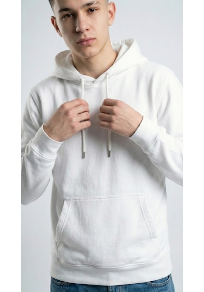 Hoxie Unisex Rahat Kesim Pamuklu Yumuşak Dokulu İçi Polarlı Basic Desenli Kapüşonlu Sweatshirt Beyaz