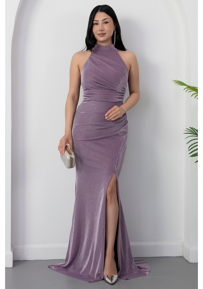Kalopya Halter Yaka Yırtmaçlı Simli Elbise Drp0013 Lila