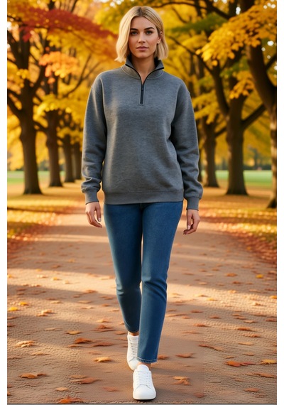 Ersefa Kadın Dik Yaka Yarım Fermuarlı Üç İplik Sweatshirt Melanj Görünüm Antrasit