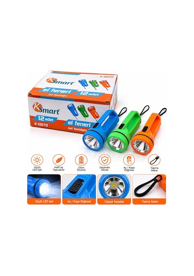 Ksmart K-0070 Led El Feneri 2xaa Pilli Renkli Plastik- 12'li Paket