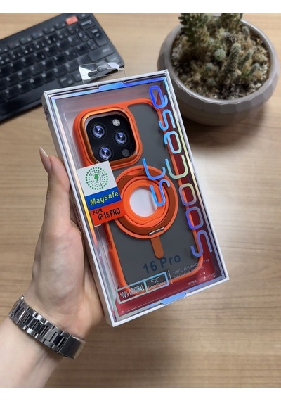 Apple Uyumlu iPhone 16 Pro Standlı Ve Yüzüklü Magsafe Kılıf Soocase721 Turuncu