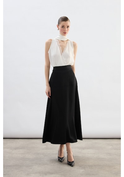 Sateen Yüksek Bel Saten Etek - Siyah-136783 Siyah