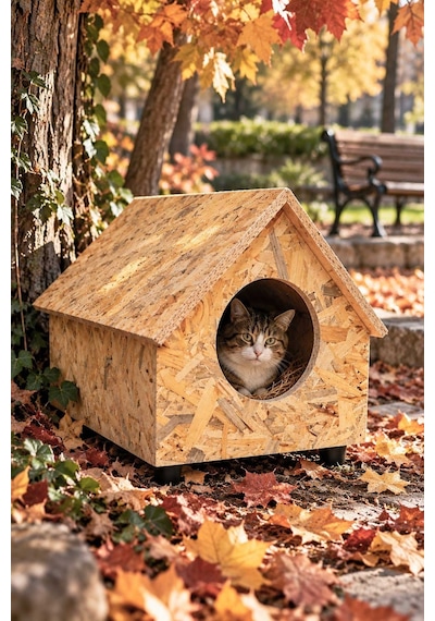 Reyo Yetişkin Kedi Evi Dış Ortama Uygun Ahşap Kedi Evi OSB, Kedi Barınağı 55x40x40 cm Kedi Yuvası CAT33