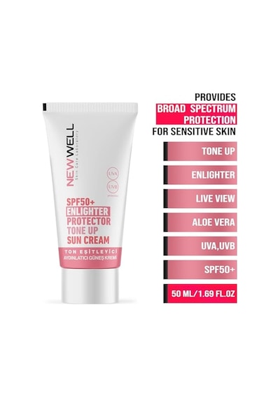 New Well Ton Eşitleyici Yüksek Koruma Etkili Güneş Kremi Aydınlatıcı Etkili Spf 50+ Uva/uvb Korumalı Pembe Yüz Güneş Kremi 50 Ml