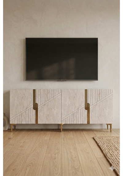 Ka1528btg Evva Konsol Ve Tv Sehpası Beyaz-traverten-gold 150cm