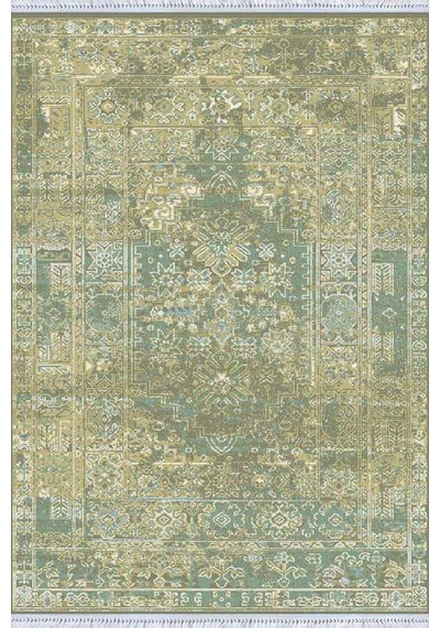 Yeşil Vintage Dokuma Pamuk Tabanlı Kaymaz Kilim Klm101n11