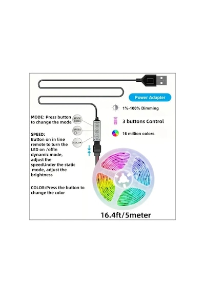 5 Metre Usb Rgb Telefon Kontrollü Mutfak Dolabı Tv Arkası Animasyonlu Şerit Led Parti Amber - Beyaz - Mavi