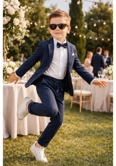Baby Kids Colors Erkek Çocuk Flamlı Keten Salaş Ceketli Takım Elbise / Gömlek Pantolon Ceket Papyon Keten Takım Lacivert