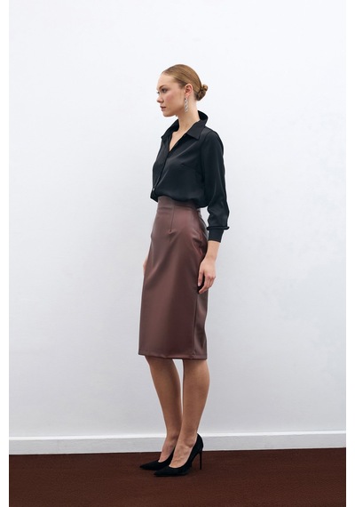 Sateen Deri Kalem Etek - Kahve-135594 Kahve