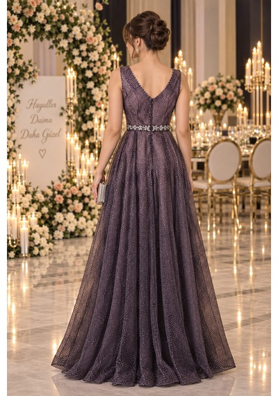 Gül&can Butik Mor Işıltılı Taş Detaylı Abiye Elbise Mor