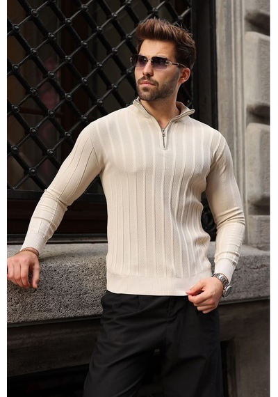 Madmext Taş Rengi Slim Fit Hakim Yaka Fermuarlı Erkek Triko Kazak E7518