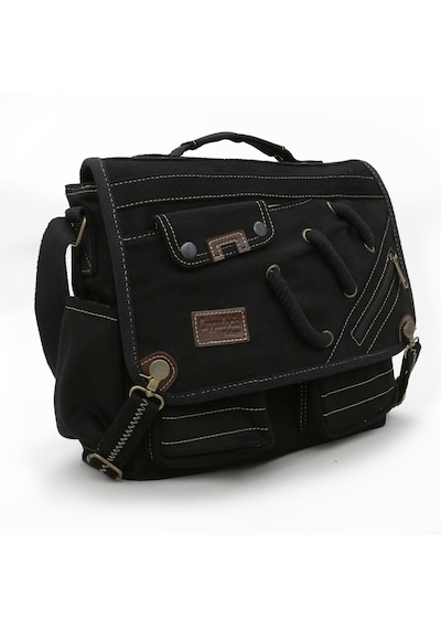 Cappadocia Vintage 4017 Siyah 14" Laptop Pamuk Gabardin Postacı Okul Çantası Unisex Kilitli Çok Cepli Omuz Askılı Siyah