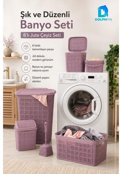 Jute Çeyiz Seti 6 Lı Plastik Banyo Mutfak Dolap İçi Düzenleyici Sepet Kutu Çöp Kovası Seti Karışık Renk Siyah