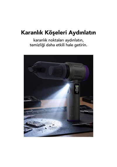Araç İçi Süpürge Kablosuz Işıklı Göstergeli 20.000 Pa 9başlık Yedek Filtre Çantalı Çekim&üfleme 2in1