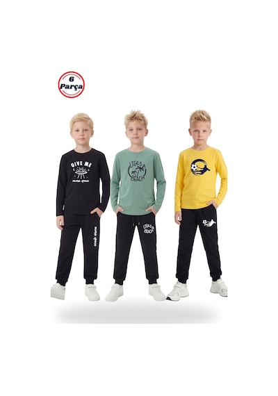 Panios Kids 3'lü Yuvarlak Yaka Sweatshirt Siyah Eşofmanlı Baskı Detaylı 6 Parça Erkek Çocuk Alt Üst Takım Siyah - Mint Yeşili