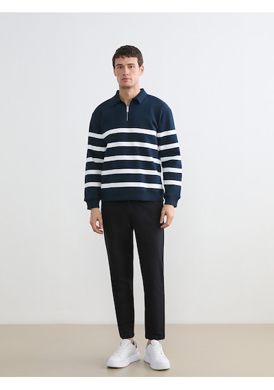 Lcw Vision Lacivert Polo Yaka Çizgili Erkek Kalın Sweatshirt
