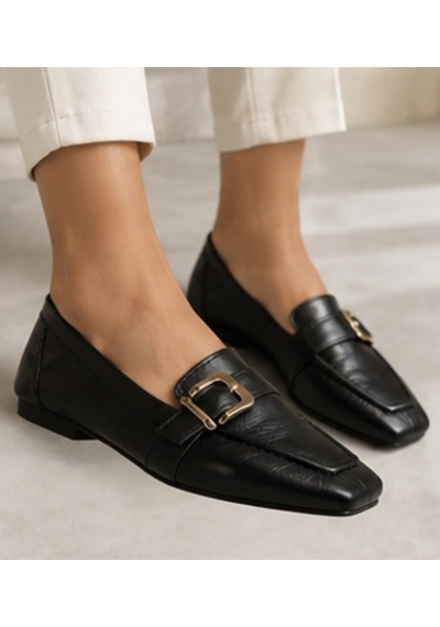 N Napa Shoe Np.19201-2.siyah Napa Shoe Kadın Siyah Tokalı Hakiki Deri Loafer Babet Günlük & Klasik Ayakkabı