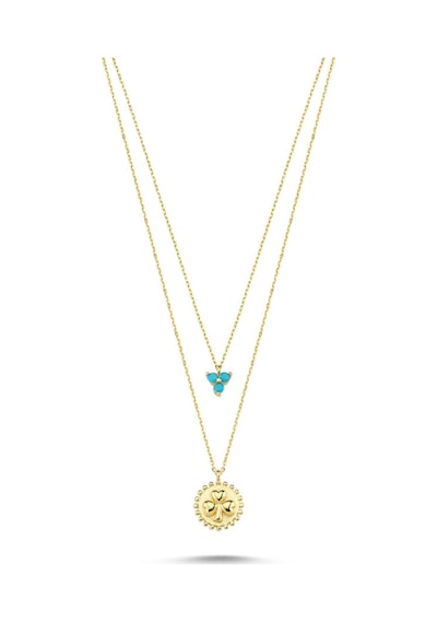 Altın Cemre Kolye 14K Papatyalı Firuze Taşlı Çift Zincirli