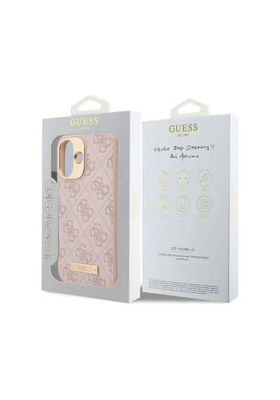 Apple Uyumlu iPhone 16 Plus Kılıf Guess Lisanslı Magsafe Özellik Pu 4g Desenli Metal Klasik Logolu Pembe