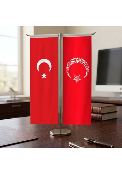 Kelime-i Tevhid Ayyıldız Kırmızı Ve Türk Bayrağı Kırlangıç T Tipi Masa Bayrak Takımı Diğer