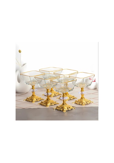 Assa Bazaar Karen 6 Parça Ayaklı Cam Sunumluk Set Dondurmalık Çerezlik Magnolia Cup Altın