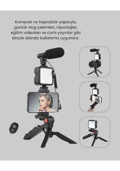 Telefon Video Çekim Kiti Led Aydınlatma Mikrofon Tripodlu Semeglbl - 39 Tam Set Çok Renkli