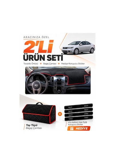 E-biz Kia Cerato 2008-2012 Uyumlu Torpido Örtüsü + Tay Tüyü Bagaj Çantası - Siyah-kırmızı - Kı007