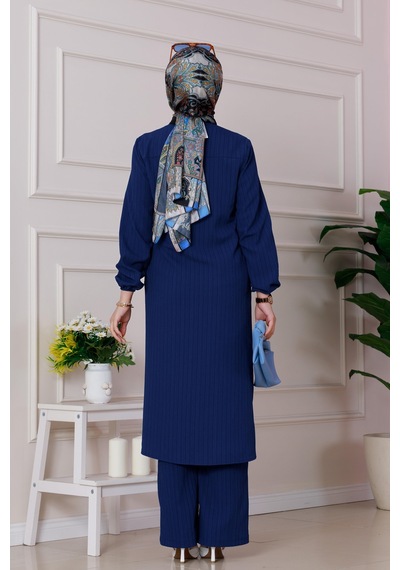 Sevitli Yırtmaç Detaylı Tunik Pantolon Takım-lacivert-4863