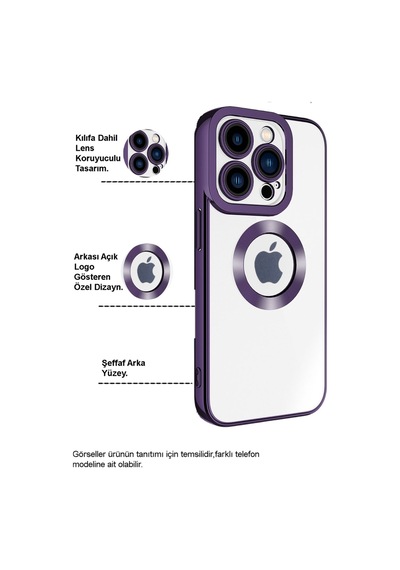 Apple Uyumlu iPhone 15 Yanları Renkli Lens Korumalı Logo Gösteren Şeffaf Luxury Silikon Kılıf