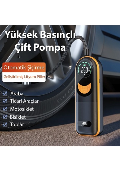 Hızlı Doldurma Çok Güçlü Şarjlı Lastik Şişirme Pompası Araç Kompresörü Tır Kamyon İçin 17l/dk Çift Motorlu